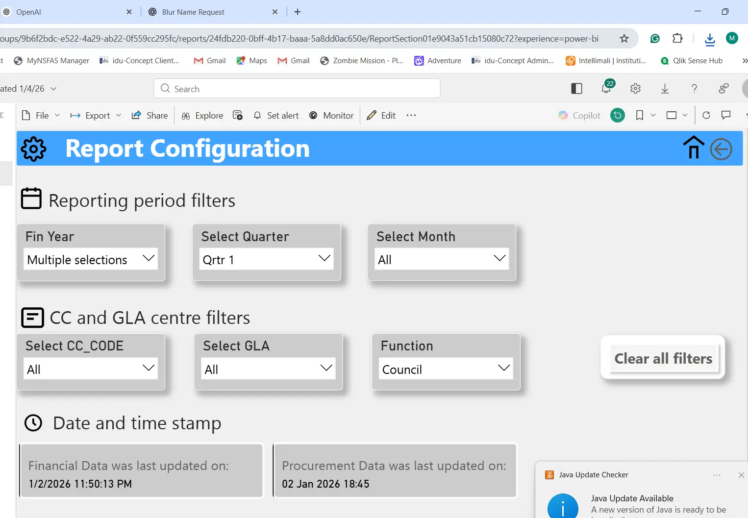 Power BI report pages and layout configuration in the editor